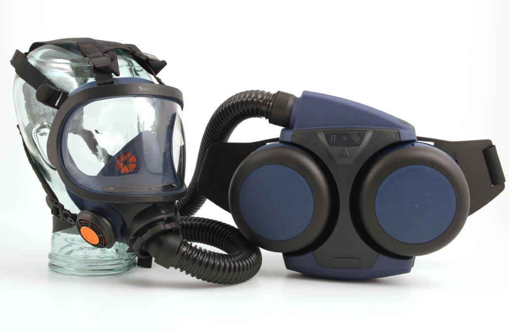 Side view of top 3 welders PAPR respirators with battery, filters, and mask