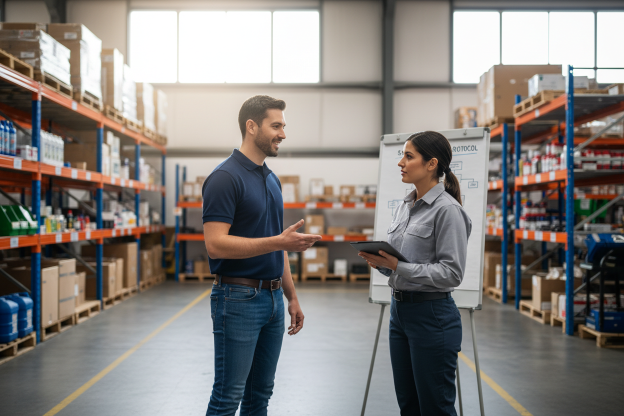 man in polo shirt and blue jeans talking with business owner about safety